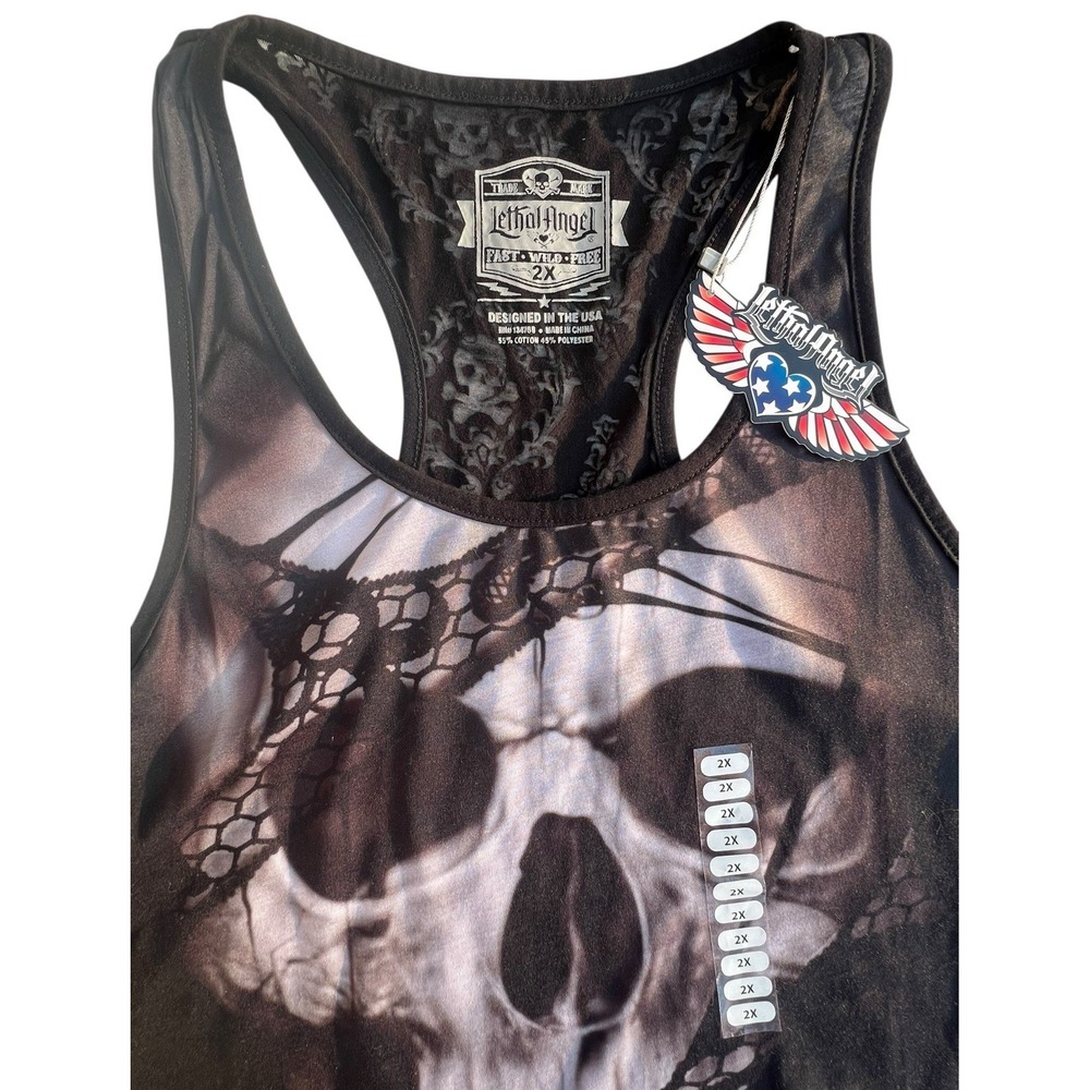 Lethal Angel Women's Plus Size Black Lace Rip Skull Razor Back Tank Top Size 2XL
